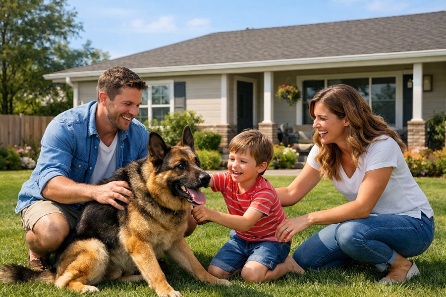 Family with their dog outside their home representing FHA loan opportunities in Texas.