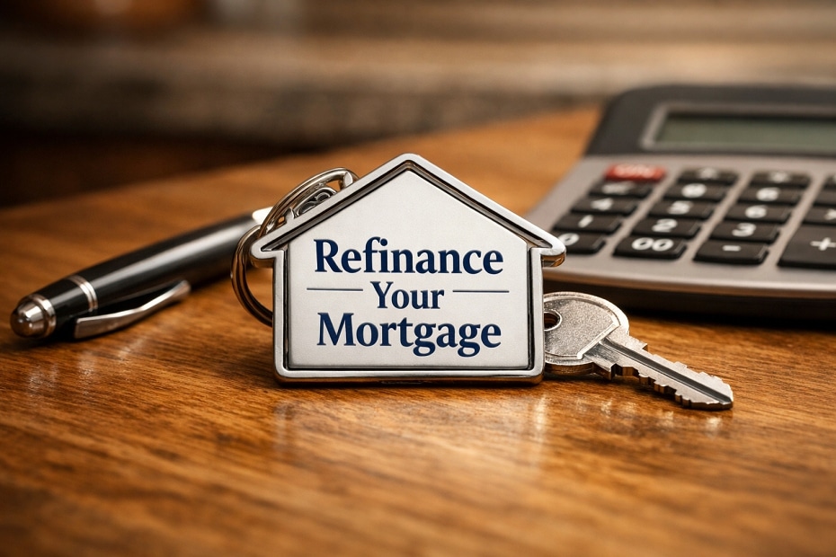 House keychain with refinance your mortgage sign beside a calculator and pen, representing mortgage refinancing options.