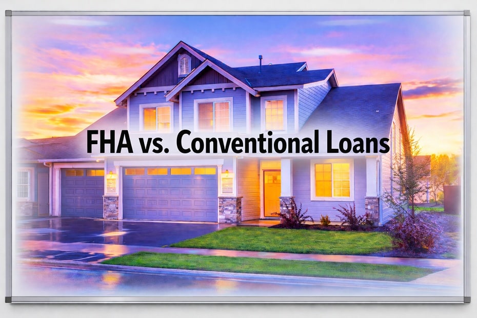 Comparison of FHA vs. conventional home loans highlighting differences in mortgage requirements, down payments, and credit guidelines.