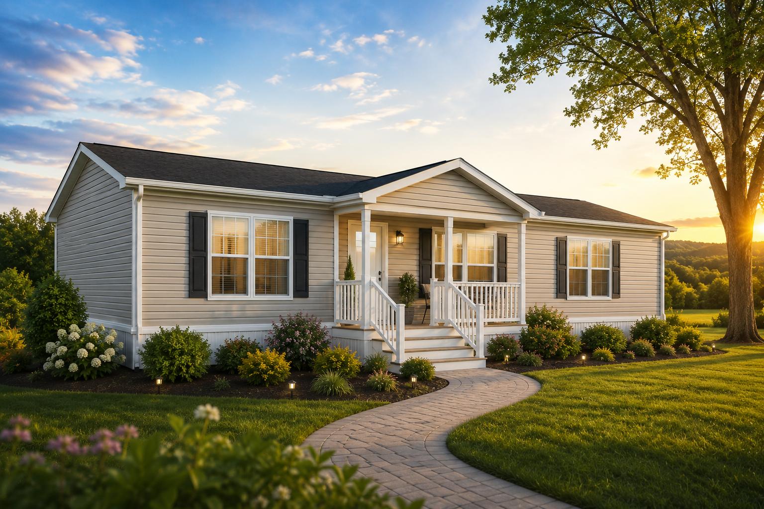 Beautiful manufactured home at sunset highlighting FHA manufactured home loans for affordable homebuyers.