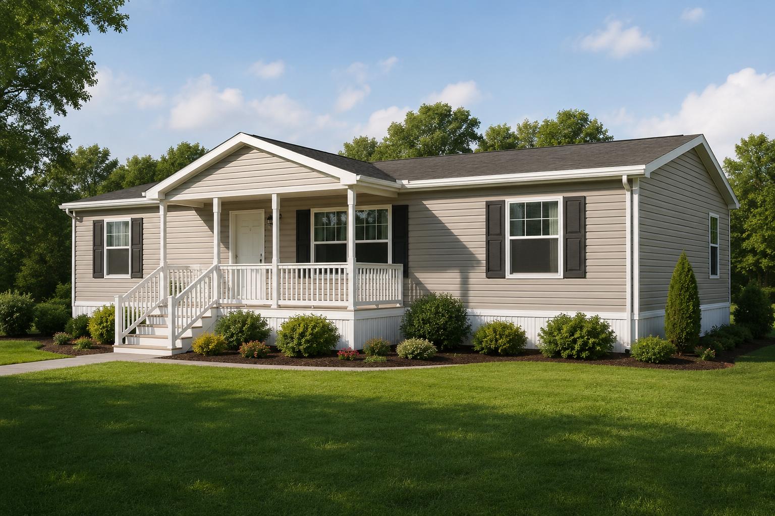 Modern manufactured home with landscaped yard financed through FHA manufactured home loan programs for buyers.