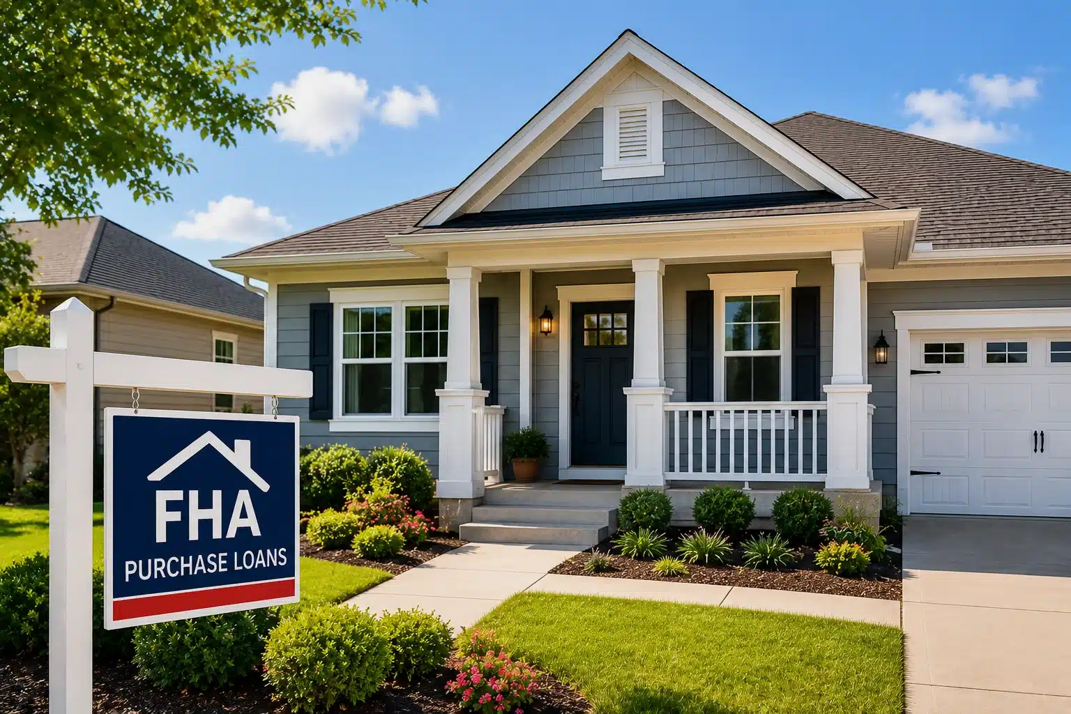 Beautiful single-family home with an FHA Purchase Loans sign, representing affordable home financing for Texas homebuyers.