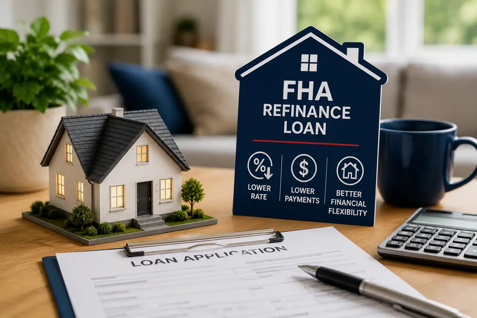 FHA Refinance Loans illustration featuring a home model, loan application, calculator, and refinance sign highlighting lower payments and flexible financing.