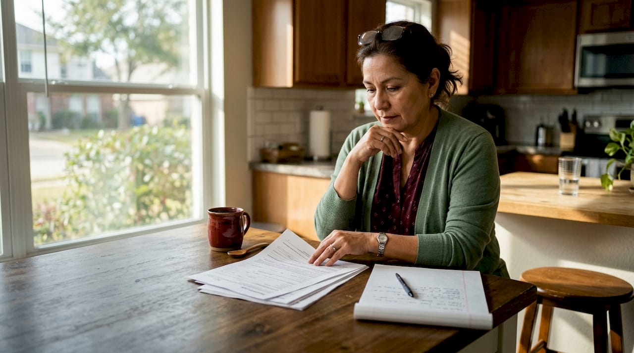 Woman reviewing FHA refinance documents at home