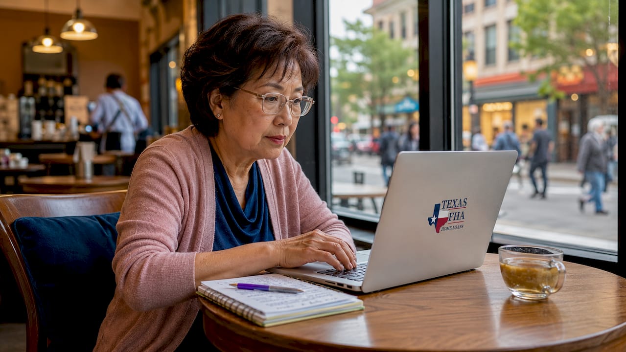 Senior woman using reverse mortgage calculator laptop