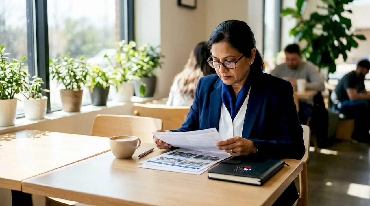 Woman reviewing US property buying documents