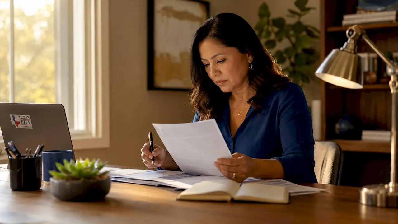 Woman reviewing mortgage documents at home