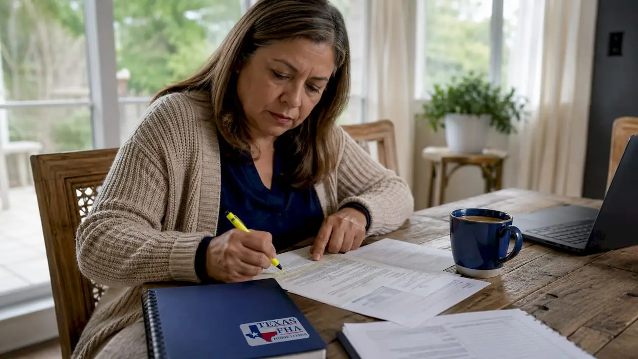 Woman reviewing mortgage refinance papers at kitchen table