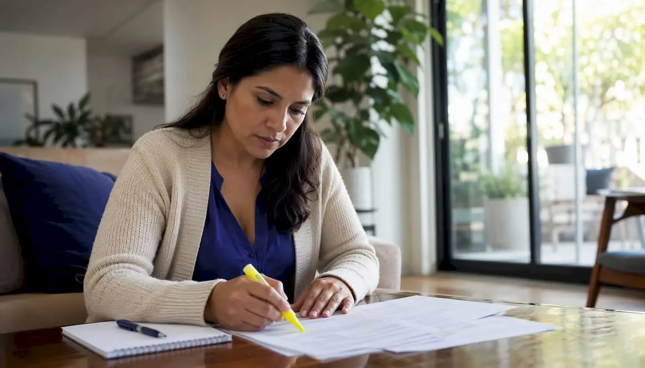 Woman reviewing mortgage documents at home
