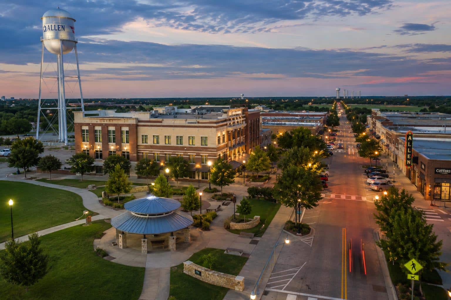 Downtown Allen, Texas skyline featuring the iconic water tower, parks, and commercial district, representing Allen FHA home loans.