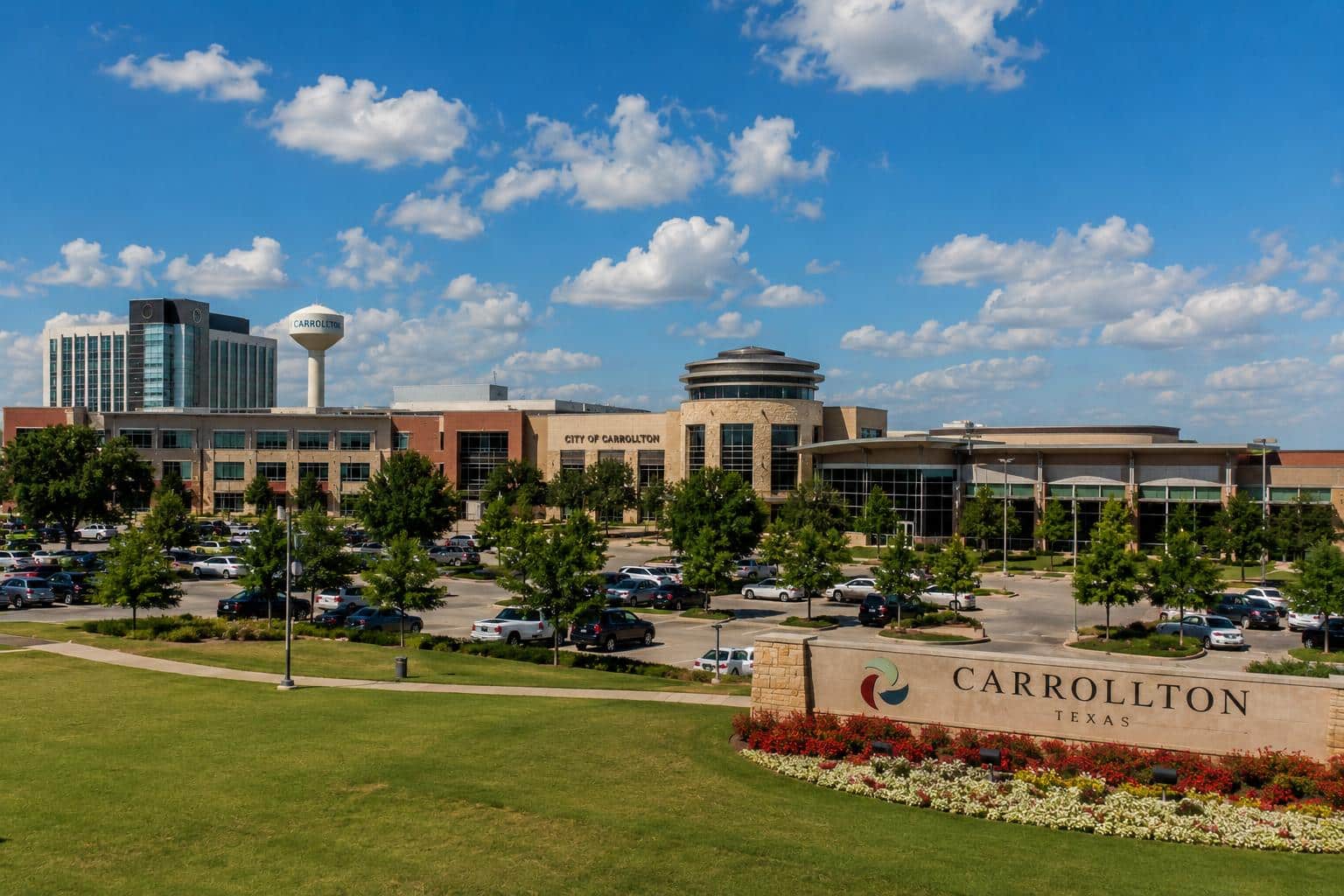 Carrollton, Texas city skyline with City Hall and business district, representing FHA home loan opportunities in Carrollton.