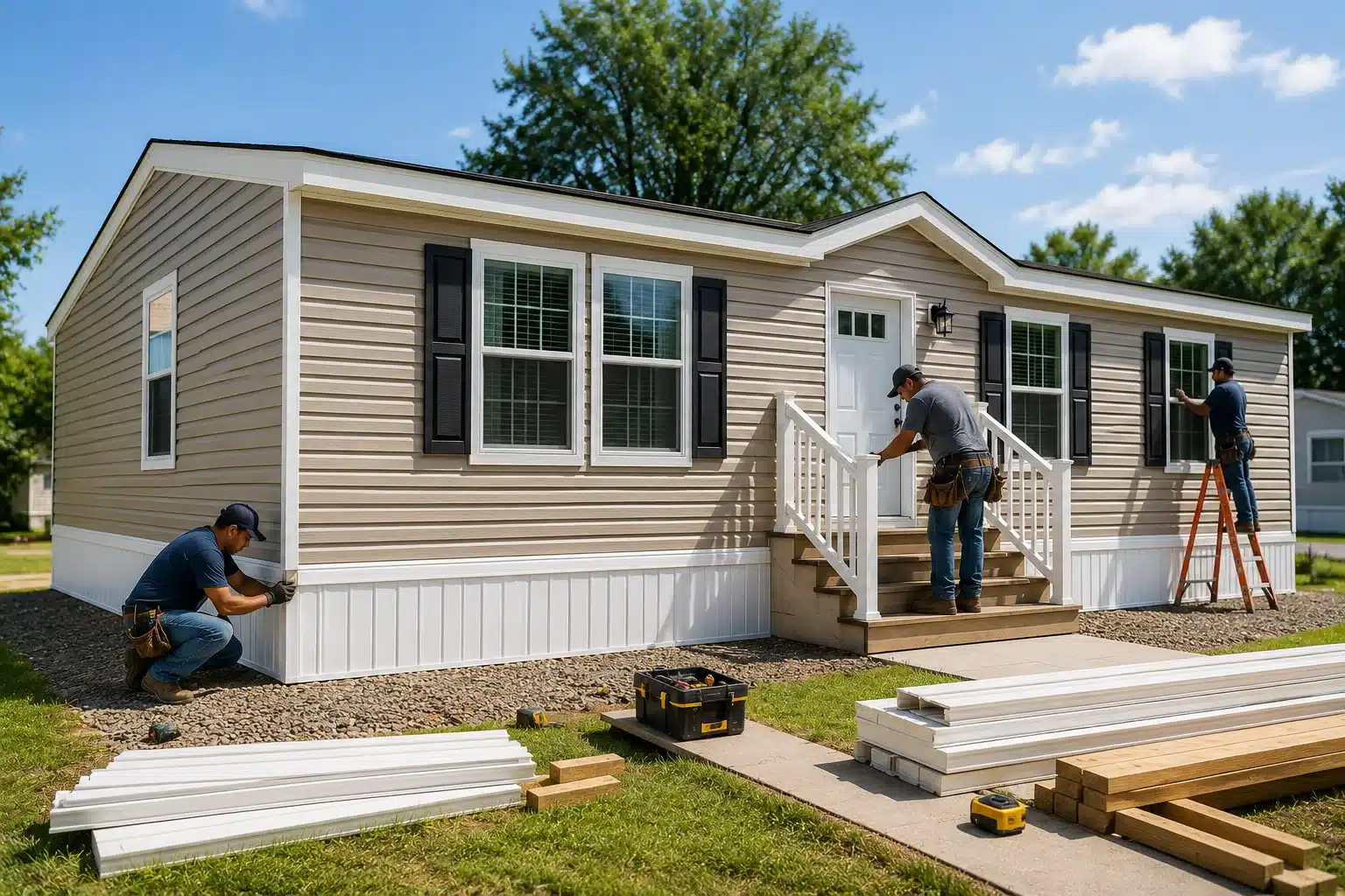 FHA Loans for Manufactured Homes financing a modern manufactured home with workers completing exterior installation and final setup.