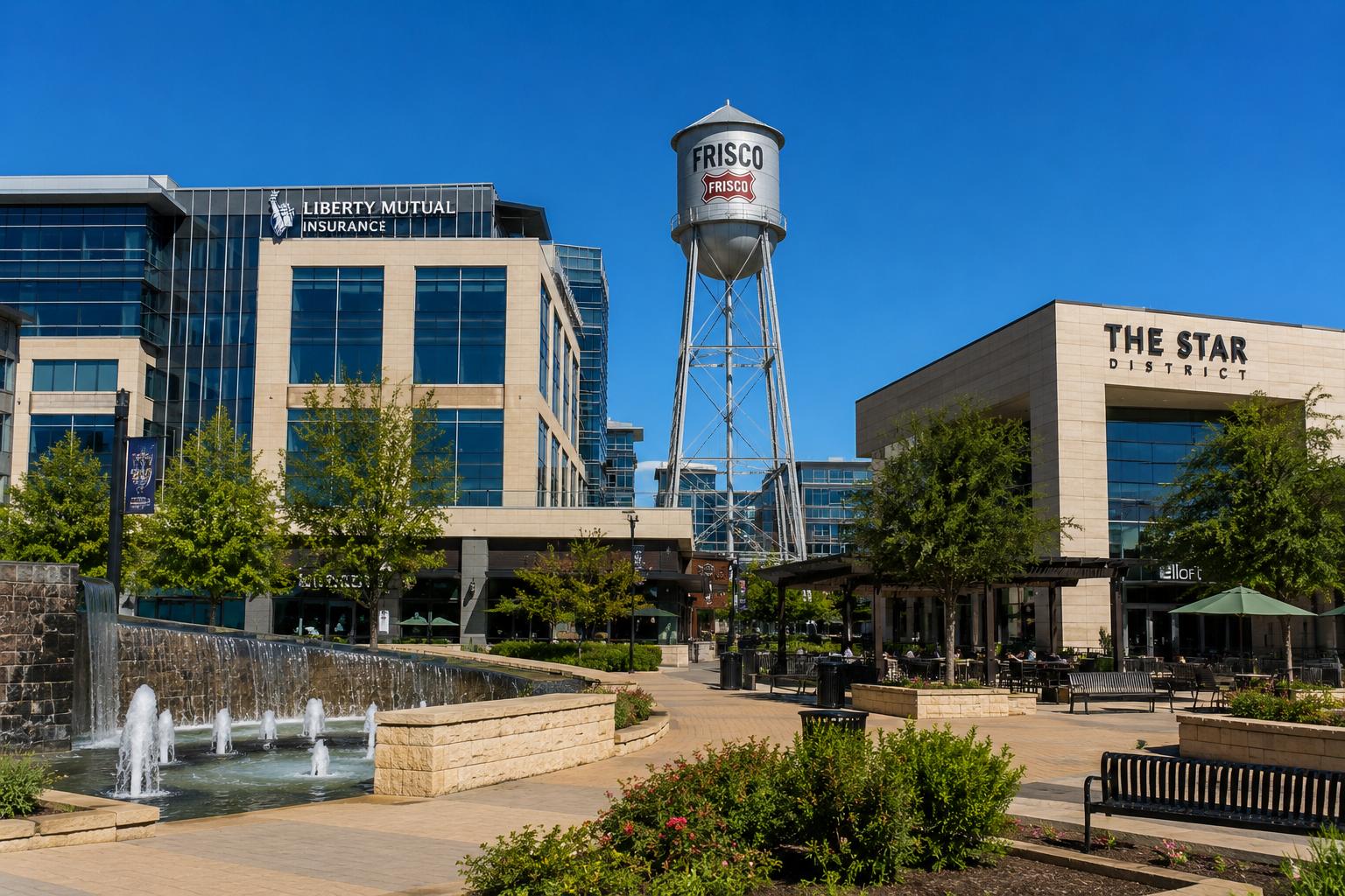 Downtown Frisco, Texas featuring the Frisco water tower and The Star District, representing FHA home loan opportunities.