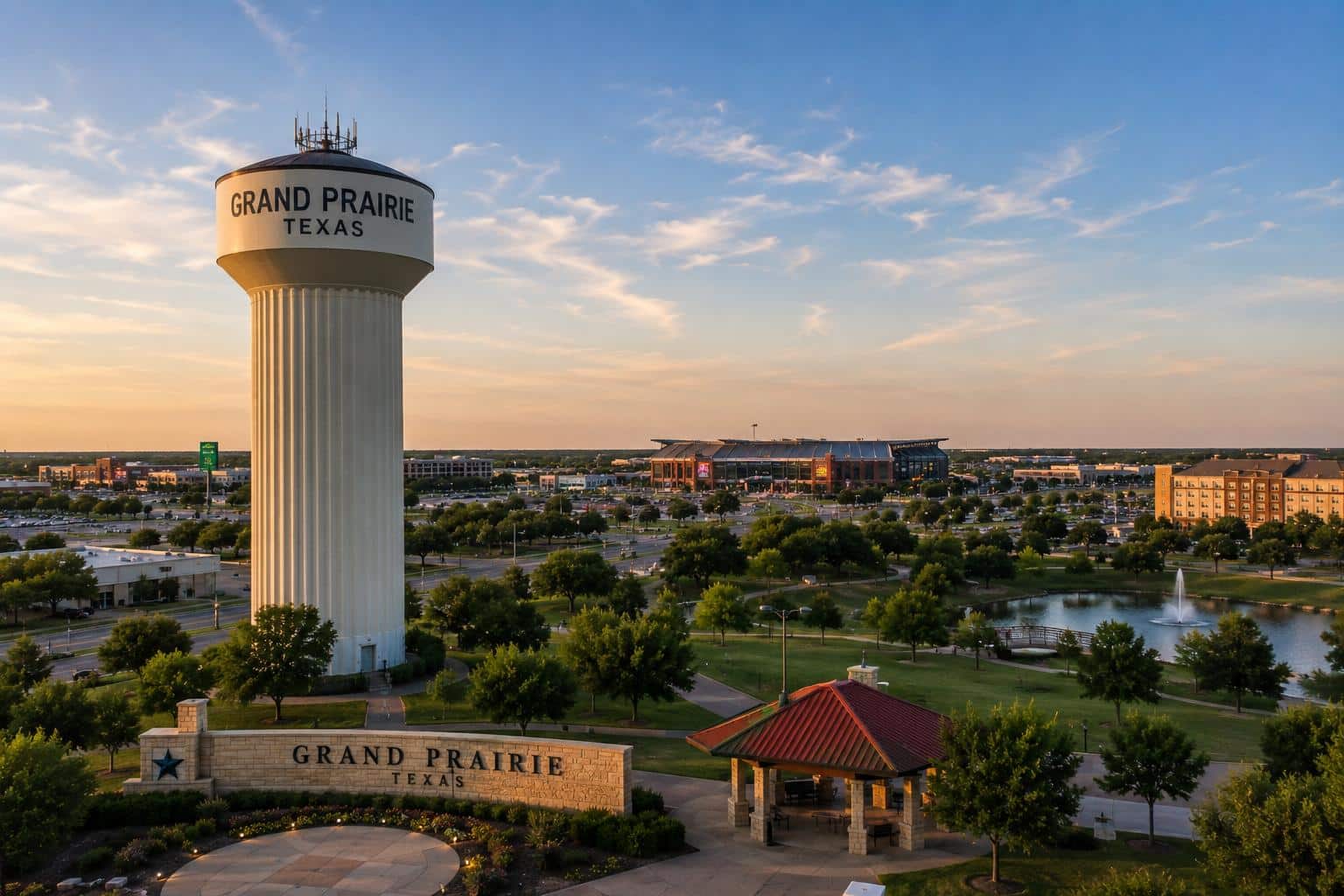 Grand Prairie, Texas skyline with the iconic water tower and city park, representing FHA home loan opportunities.