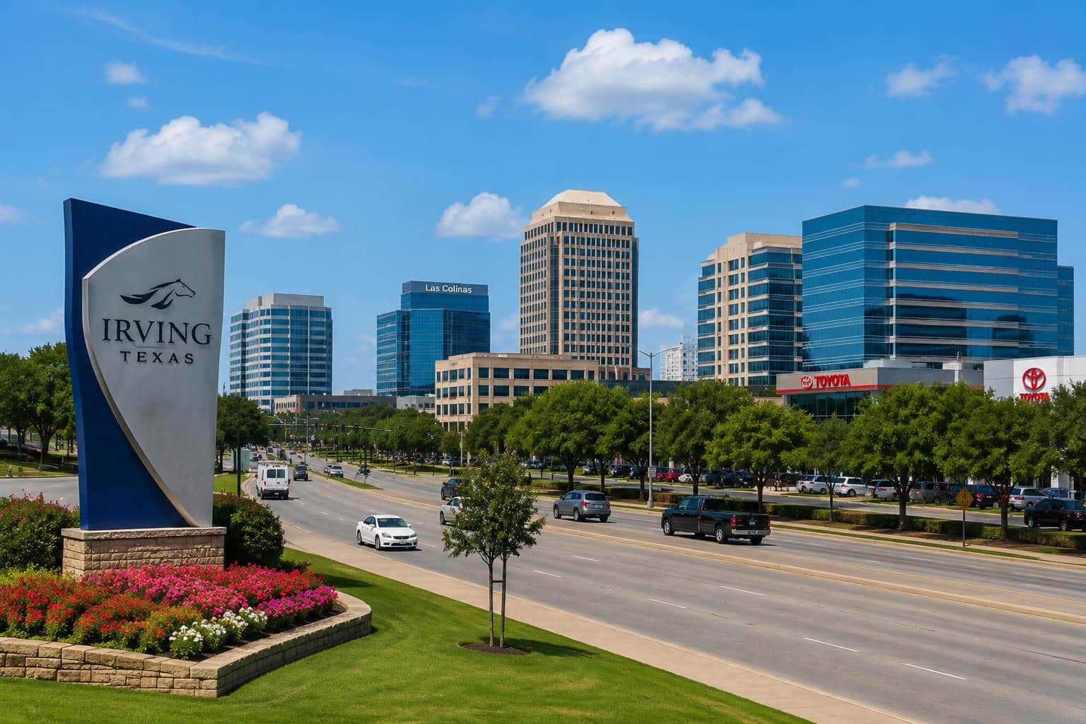 Irving, Texas skyline with the Las Colinas business district and city entrance sign, representing FHA home loan opportunities.