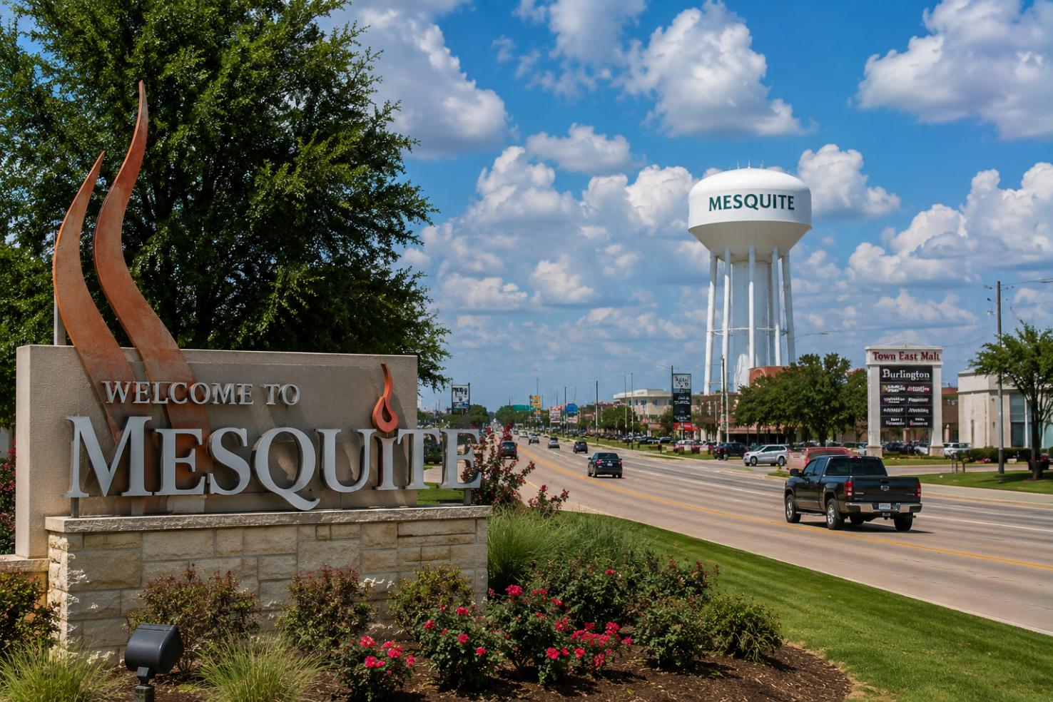 Mesquite, Texas entrance sign with the iconic water tower, representing FHA home loan opportunities.