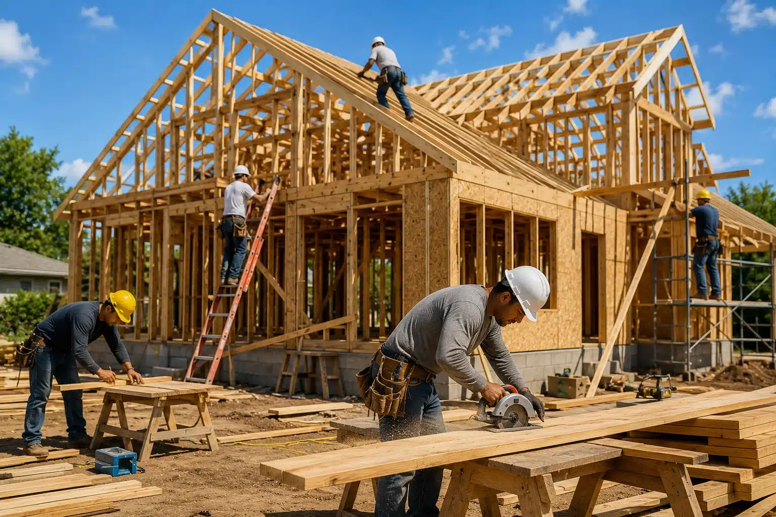 FHA One-Time Close Construction Loan financing a new home build with construction workers framing a house on an active residential job site.