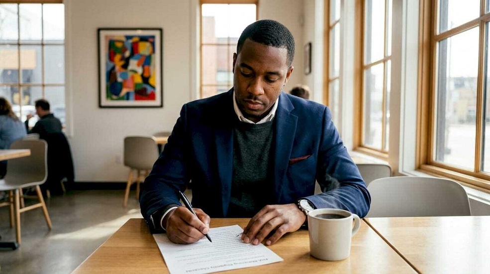 homeowner signing paperwork for refinancing his current mortgage