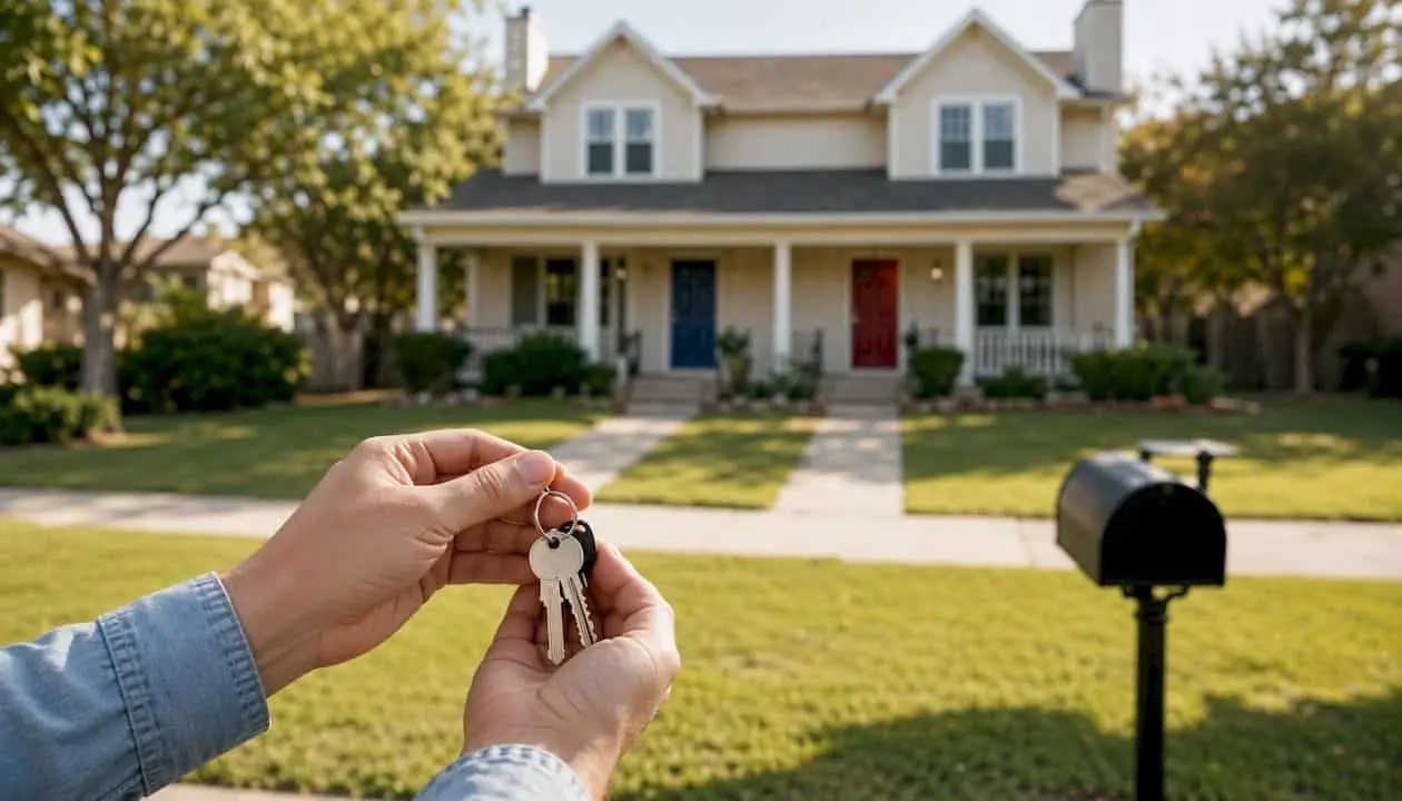 Hands holding house keys in front of Texas duplex
