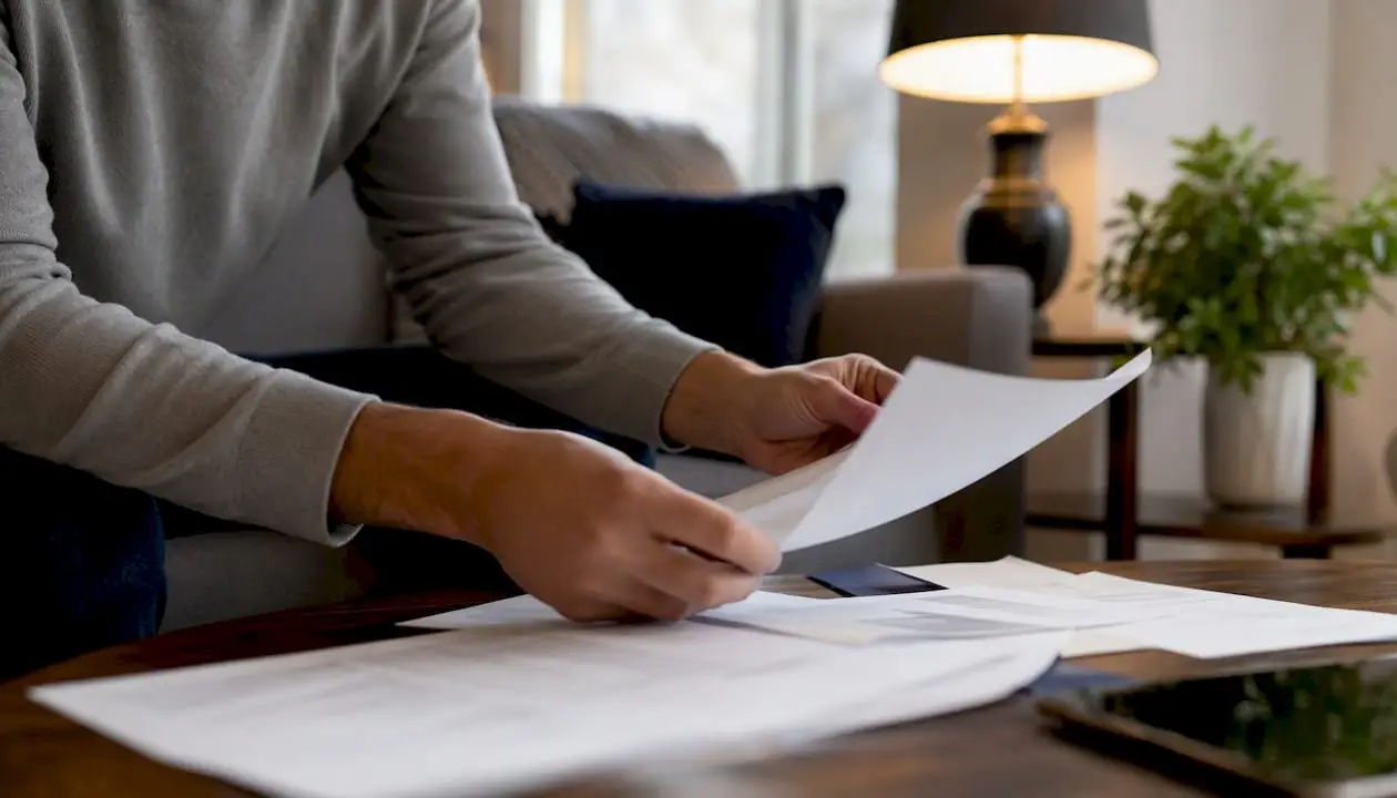 Hands comparing mortgage papers with calculator