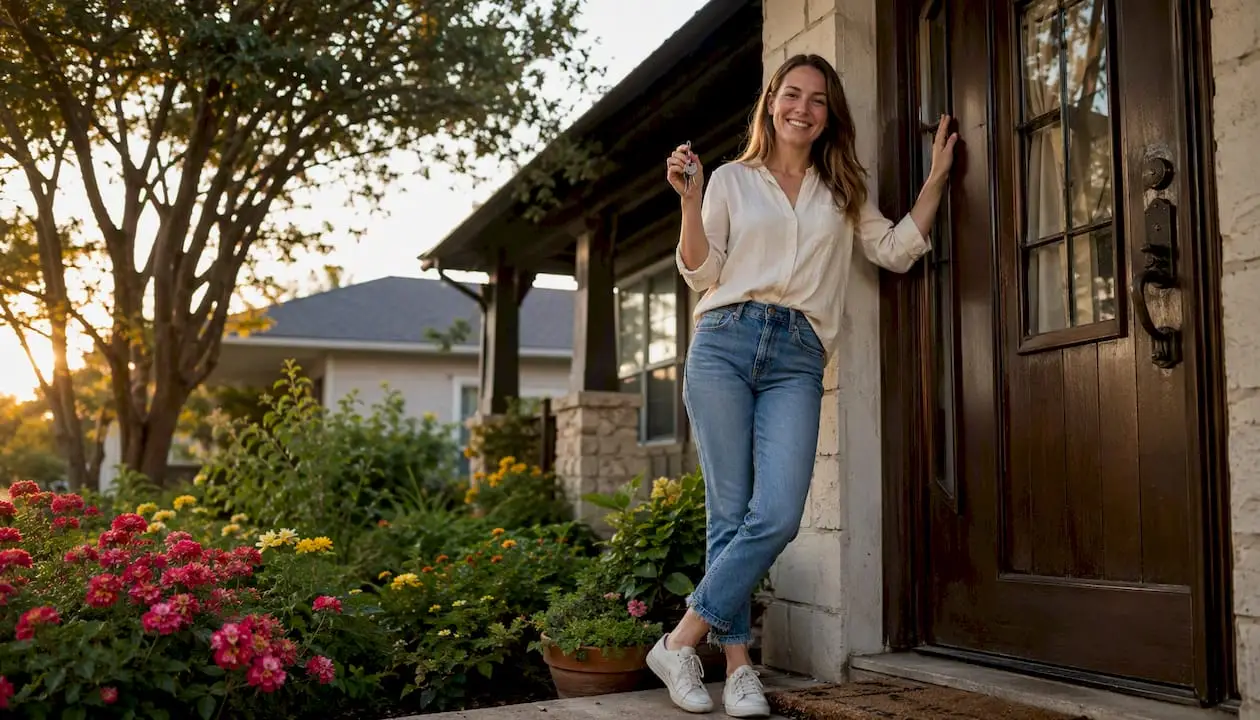 Homebuyer holding keys at Texas house entrance