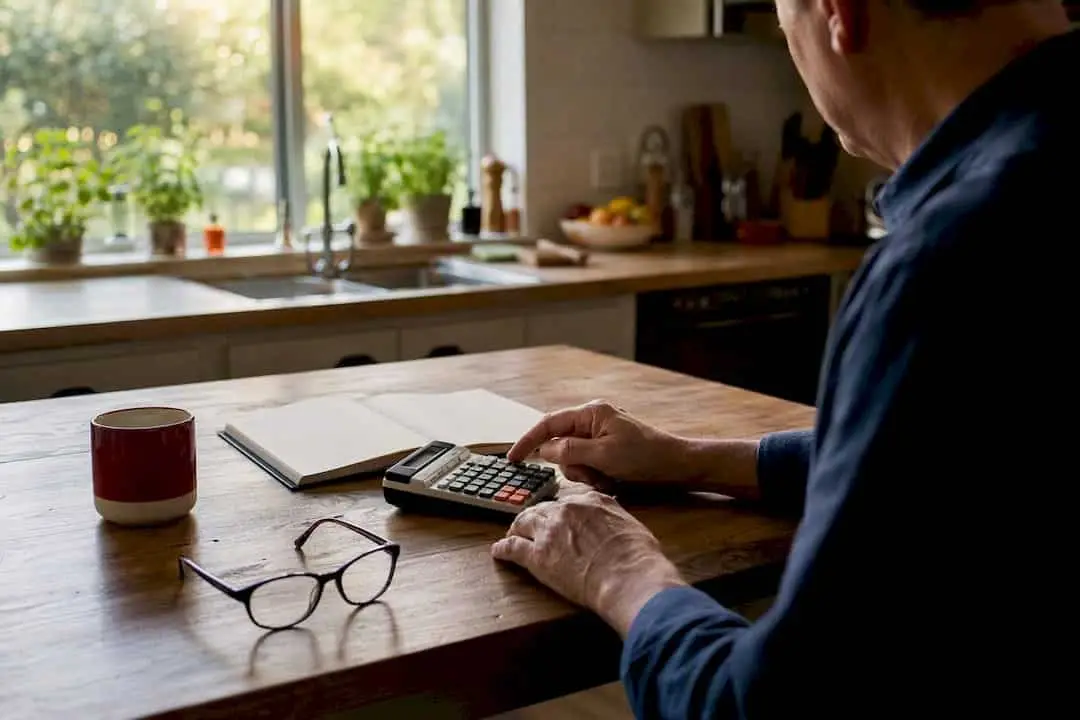 Hands using calculator to calculate income