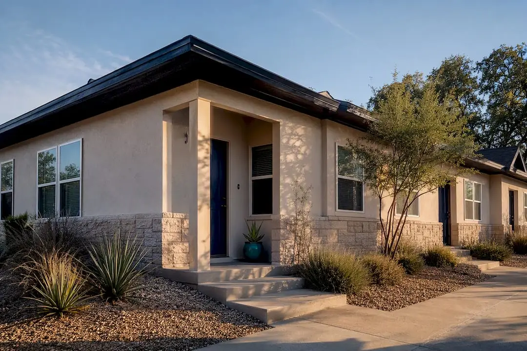 Three-unit Texas property exterior at dusk