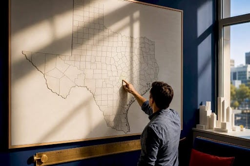 Hand tracing Texas county boundaries on map