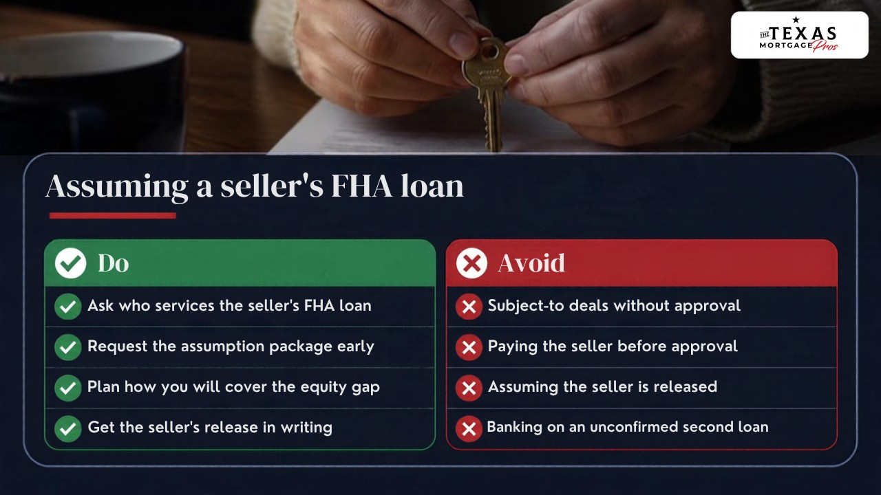 Do and avoid checklist for assuming a seller's FHA loan: ask who services the seller's FHA loan, request the assumption package early, plan how you will cover the equity gap and get the seller's release in writing; avoid subject-to deals without approval, paying the seller before approval, assuming the seller is released and banking on an unconfirmed second loan