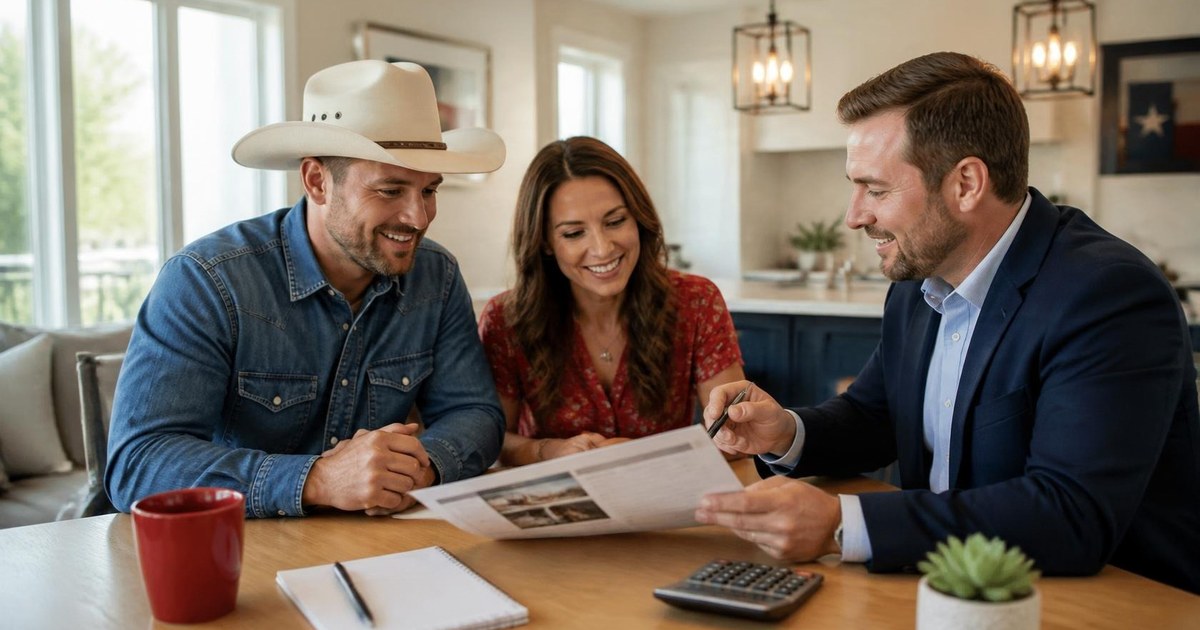 A smiling Texas couple and a mortgage professional in a navy blazer reviewing a home listing sheet with a calculator at a bright kitchen table