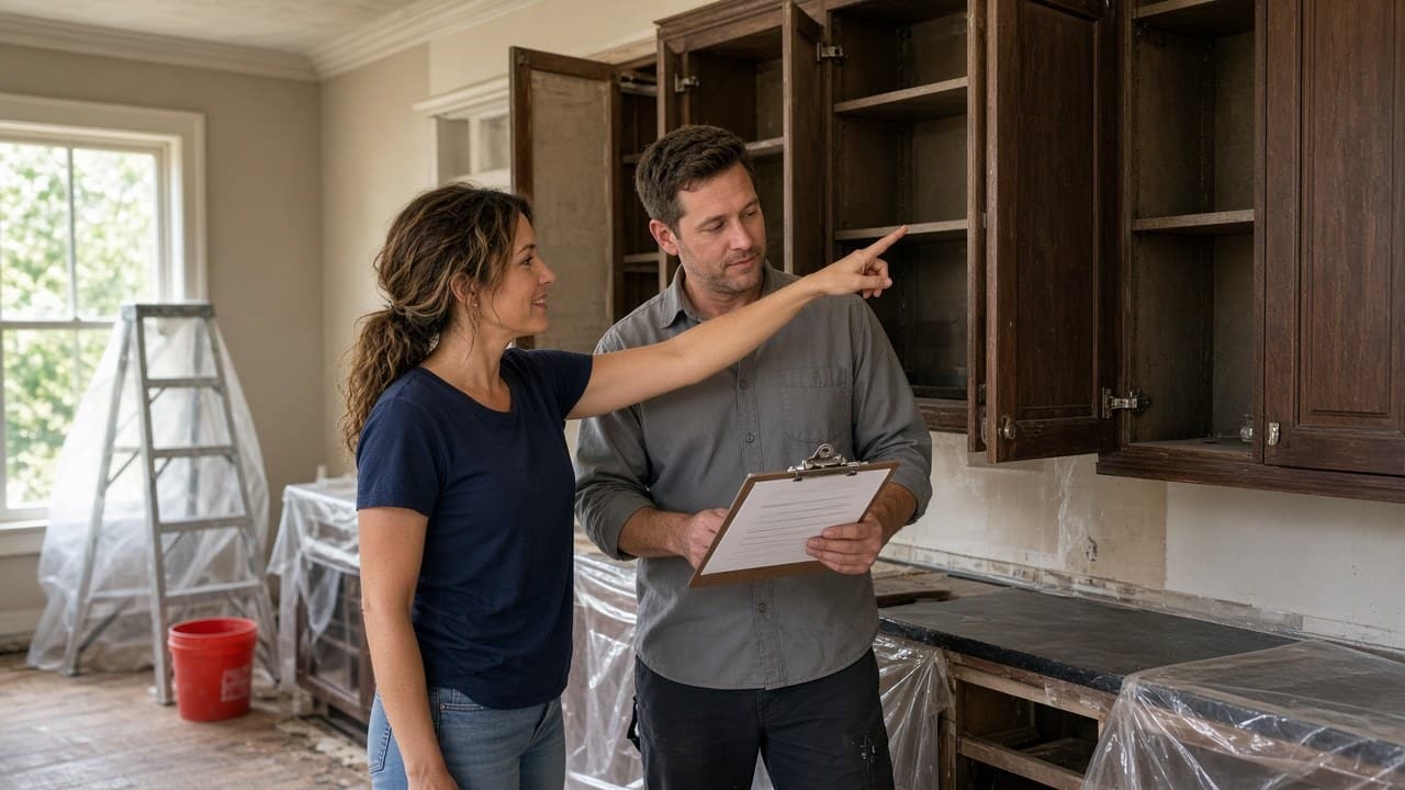 A Texas homebuyer and a contractor in a work shirt walk through an older home that is being renovated, looking over a written bid on a clipboard beside open kitchen cabinets