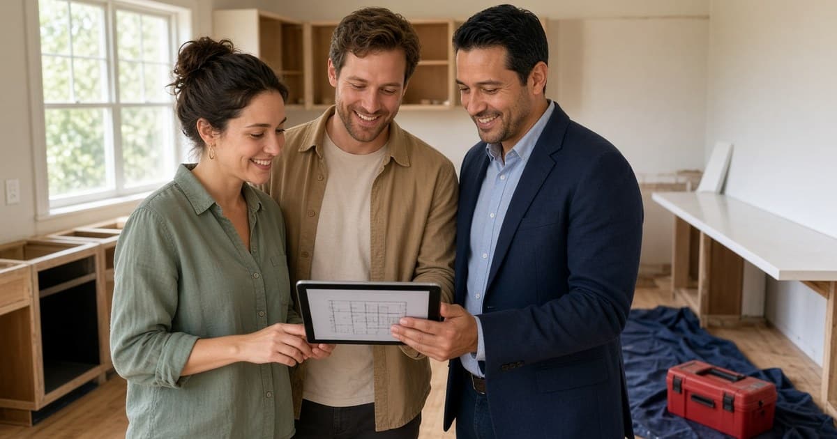 A smiling young Texas couple and a mortgage professional in a navy blazer look over a renovation plan on a tablet in the partly remodeled kitchen of an older ranch-style home