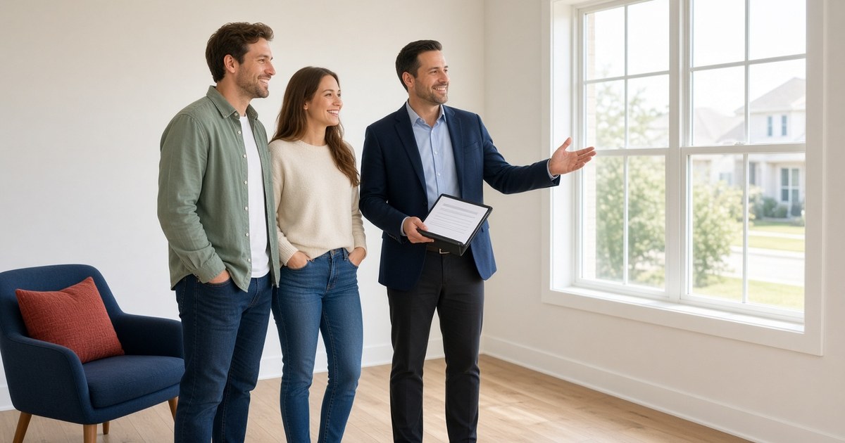 A smiling young Texas couple in a bright living room with a mortgage professional in a navy blazer who holds a clipboard and points toward a large window