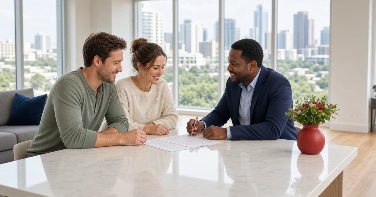 A young Texas couple and a friendly mortgage professional in a navy blazer smile while looking over paperwork at the kitchen island of a bright, modern condo with city views through large windows