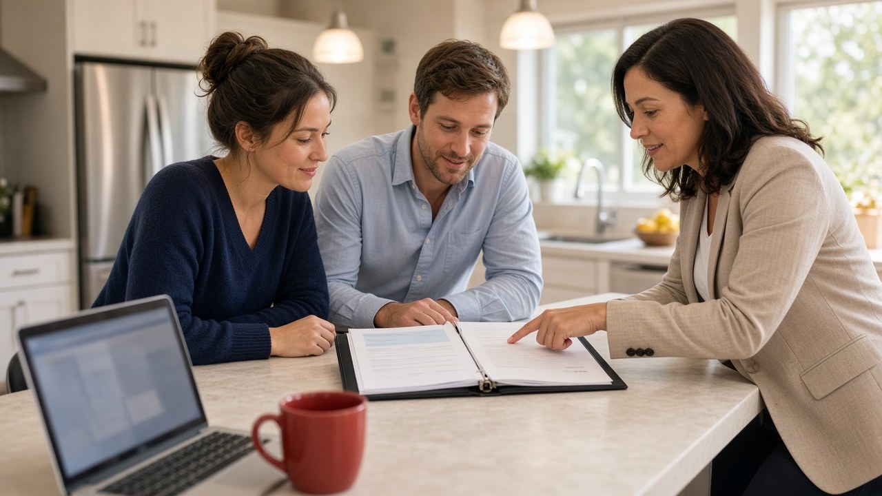 A young Texas homebuyer couple sits at the kitchen island of a bright condo and reviews homeowners association documents and an insurance summary with a real estate agent