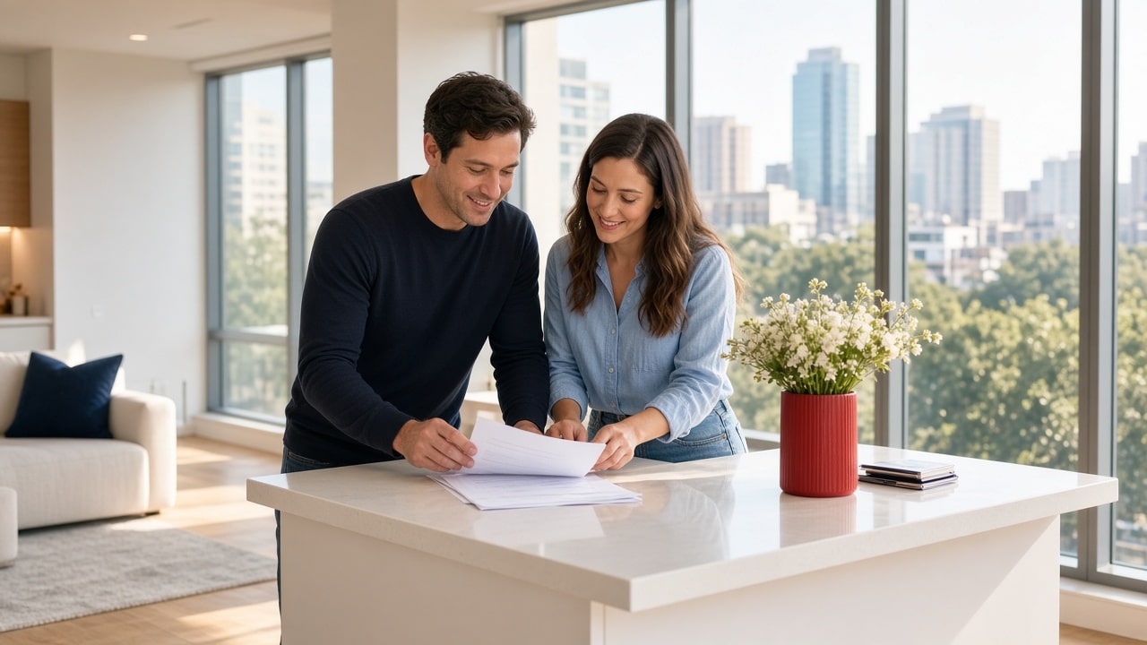A smiling young couple reviews paperwork at the kitchen island of a bright Texas condo with a city skyline, a navy pillow and a red vase of flowers in the background