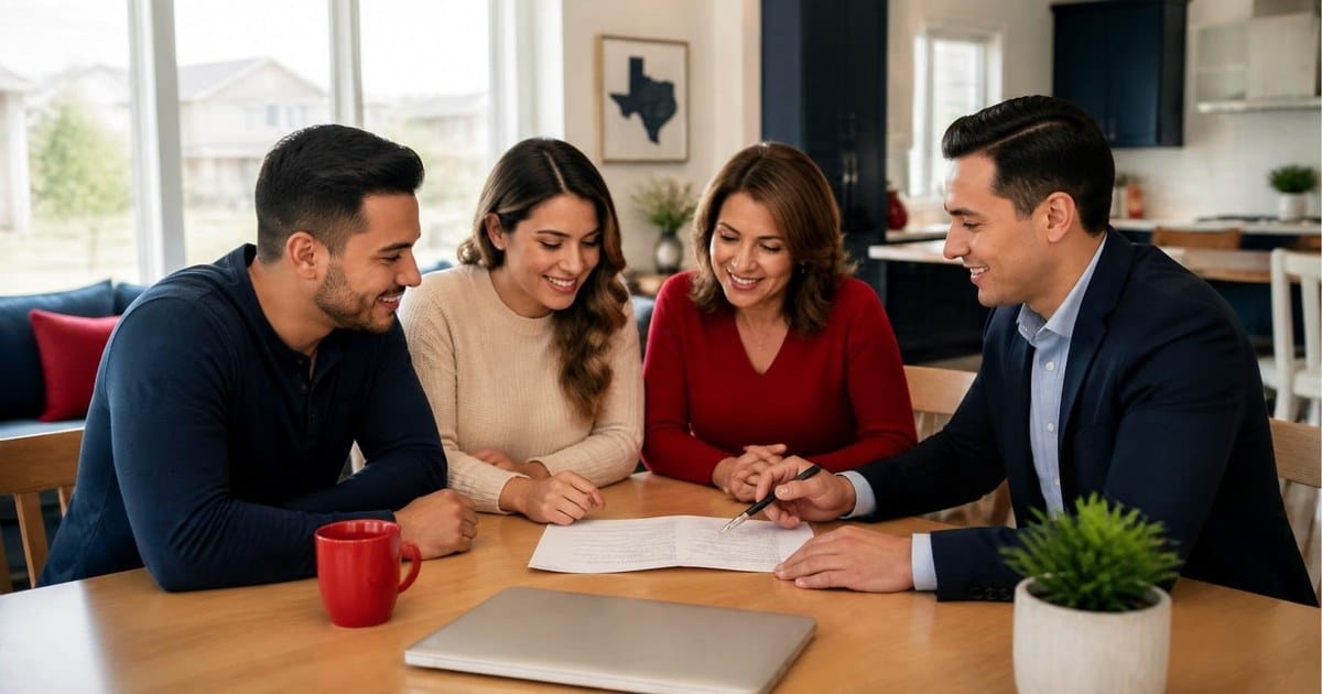 A smiling young Texas couple and the woman's mother reviewing a document with a mortgage professional in a navy blazer at a bright dining table