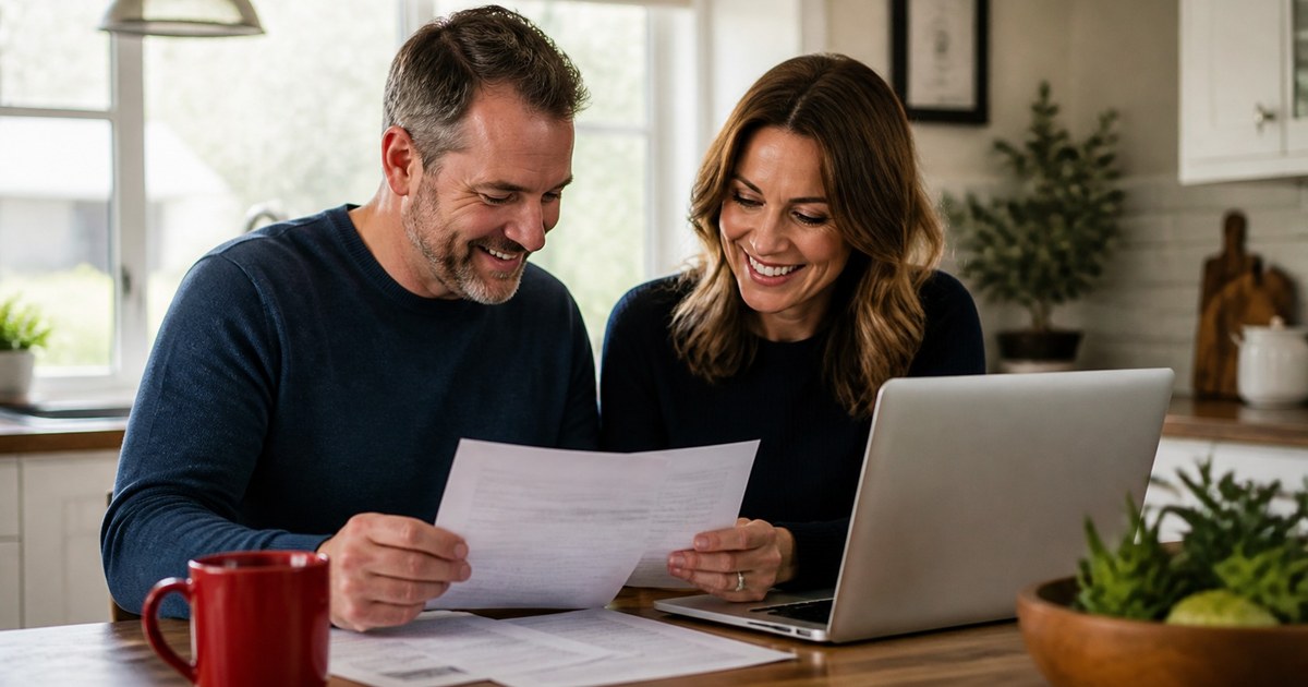 A smiling Texas couple in navy sweaters reviews refinance paperwork together at their kitchen table beside a laptop and a red coffee mug in a bright home