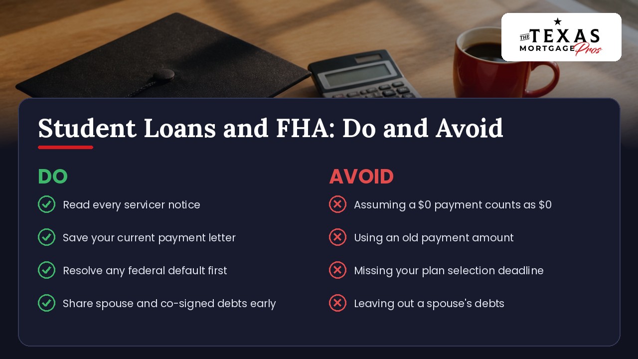 Do and avoid checklist for Texas homebuyers with student loans and an FHA loan: read every servicer notice, save your current payment letter, resolve any federal default first and share spouse and co-signed debts early; avoid assuming a zero-dollar payment counts as zero, using an old payment amount, missing your plan selection deadline and leaving out a spouse's debts