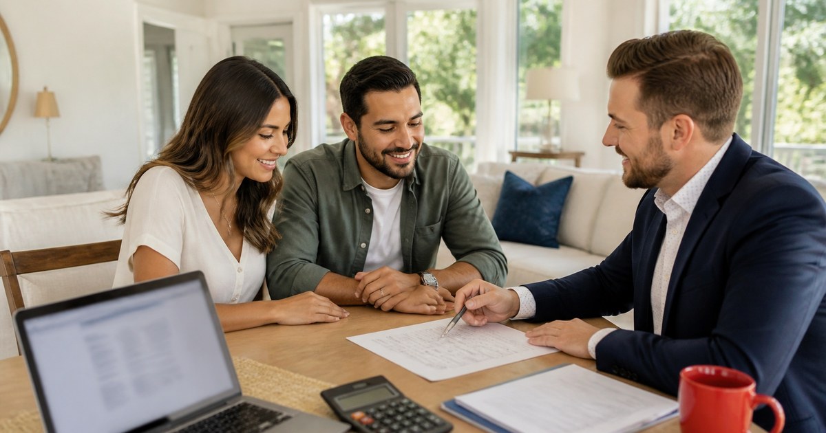 A smiling young Texas couple sits at a dining table in a bright home while a mortgage professional in a navy blazer points to a worksheet, with a laptop, a calculator and a red mug on the table