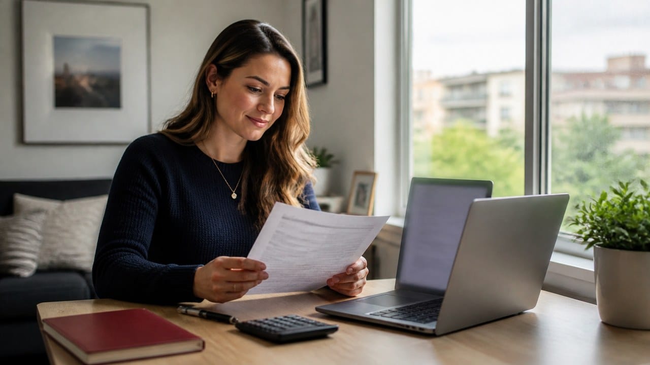A young woman in a navy sweater reviews a paper statement at her home desk beside a laptop, a calculator and a red notebook in a bright apartment