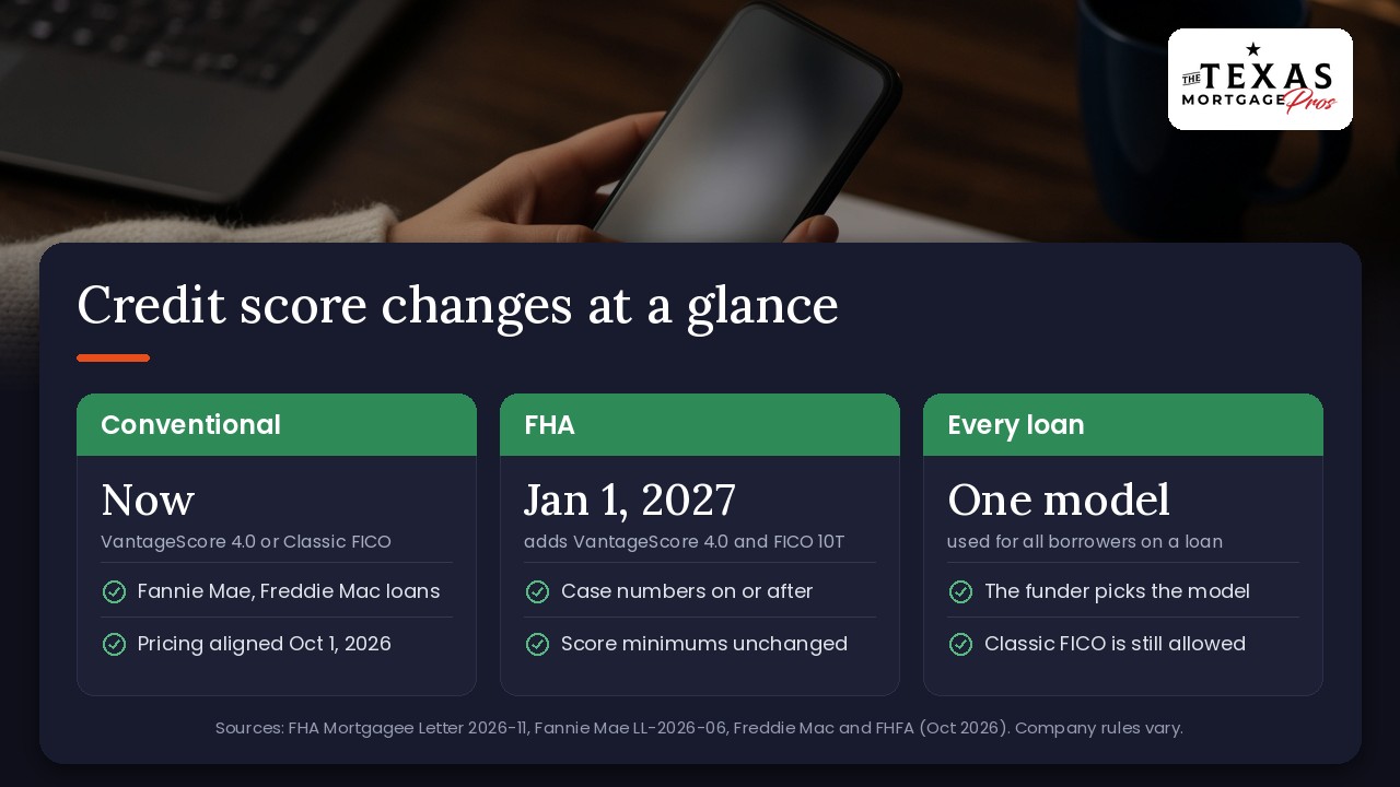 Mortgage credit score changes at a glance: conventional loans can use VantageScore 4.0 or Classic FICO now with pricing aligned since October 1, 2026; FHA adds VantageScore 4.0 and FICO 10T for case numbers on or after January 1, 2027, with score minimums unchanged; on every loan the company funding it picks one score model for all borrowers, and Classic FICO is still allowed
