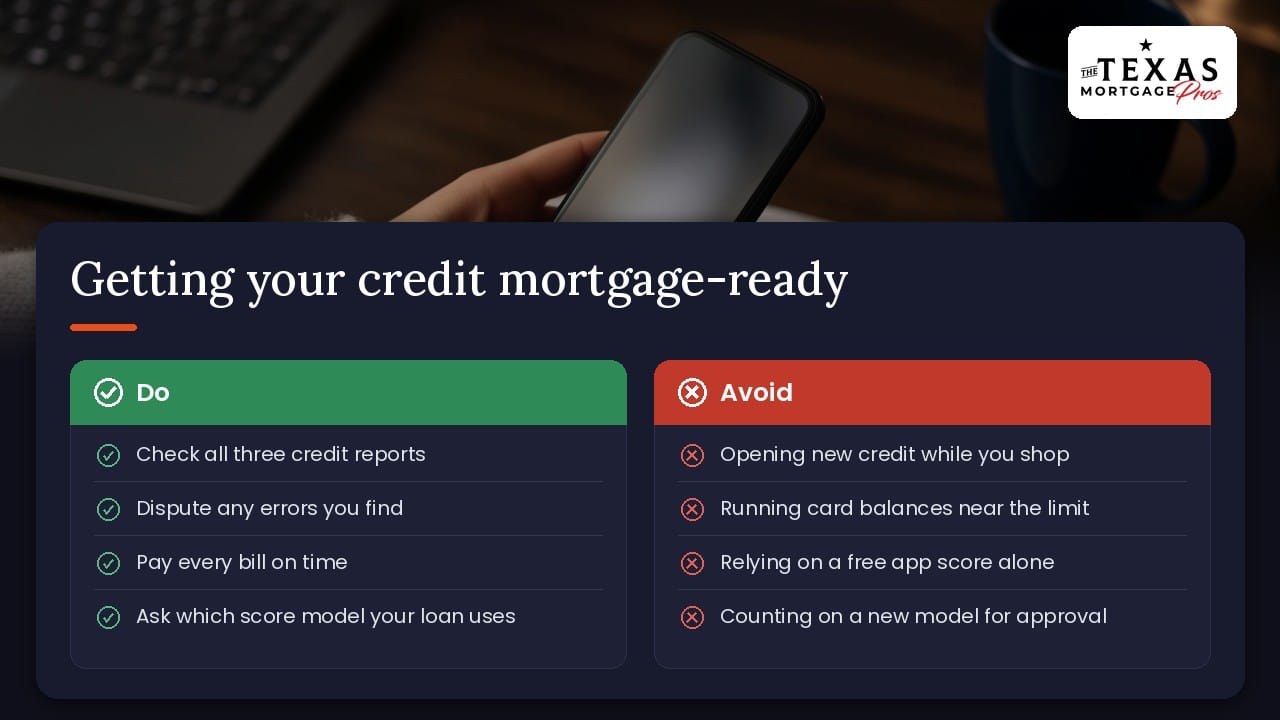 Do and avoid checklist for getting your credit ready for a mortgage: check all three credit reports, dispute errors, pay every bill on time and ask which score model your loan uses; avoid opening new credit while you shop, running card balances near the limit, relying on a free app score alone and counting on a new model for approval