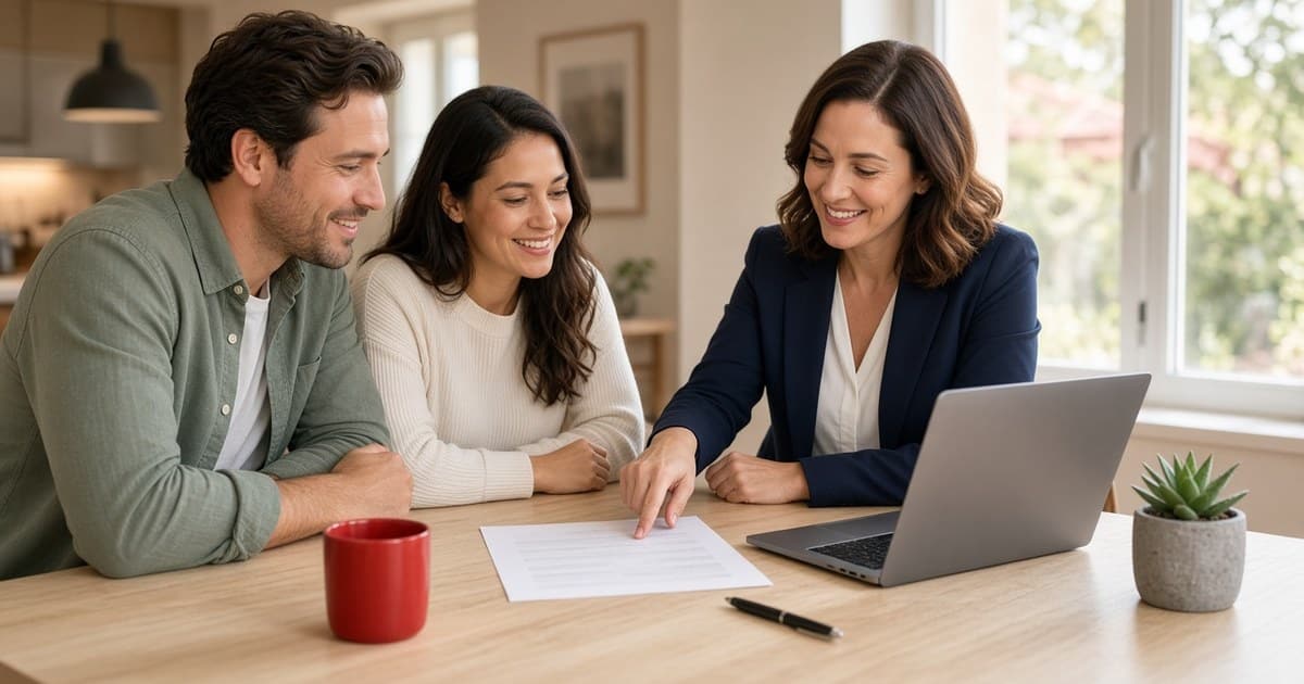 A smiling Texas couple and a loan officer reviewing a printed credit report and a laptop together at a bright dining table