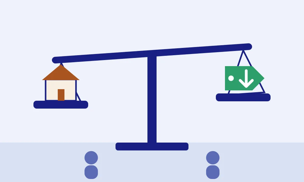 Balance scale weighing a house against a price tag with a down arrow, illustrating Texas buyers' negotiating room from seller price cuts