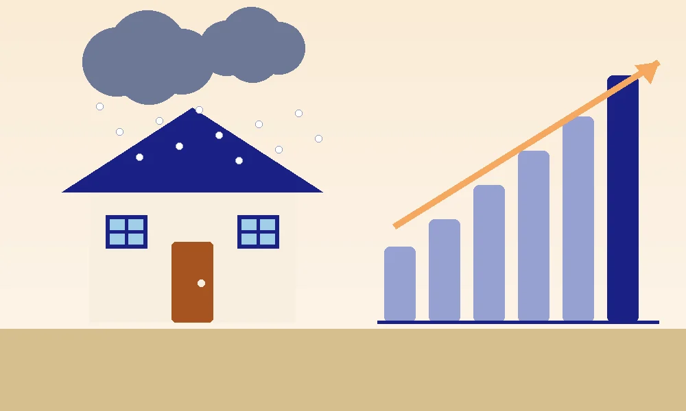 House under a hail cloud next to a rising bar chart, illustrating higher Texas homeowners insurance premiums