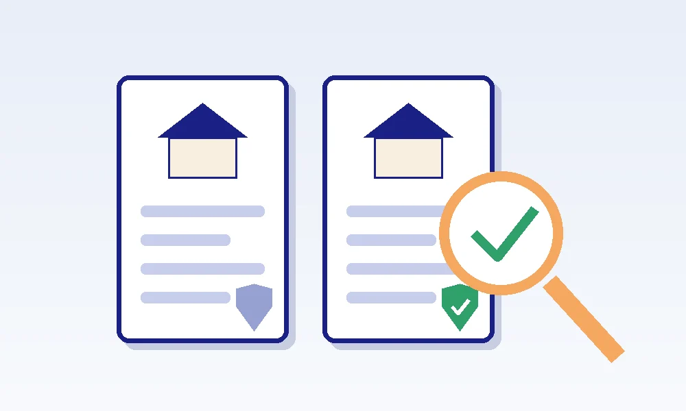 Two home insurance policy documents side by side with a magnifying glass and checkmark, illustrating a Texas buyer comparing insurance quotes