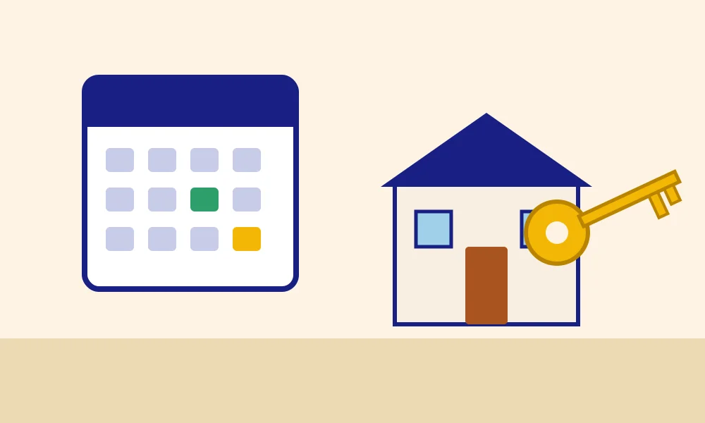 Calendar next to a house and key, illustrating a fall planning timeline for a Texas mortgage credit certificate and home purchase