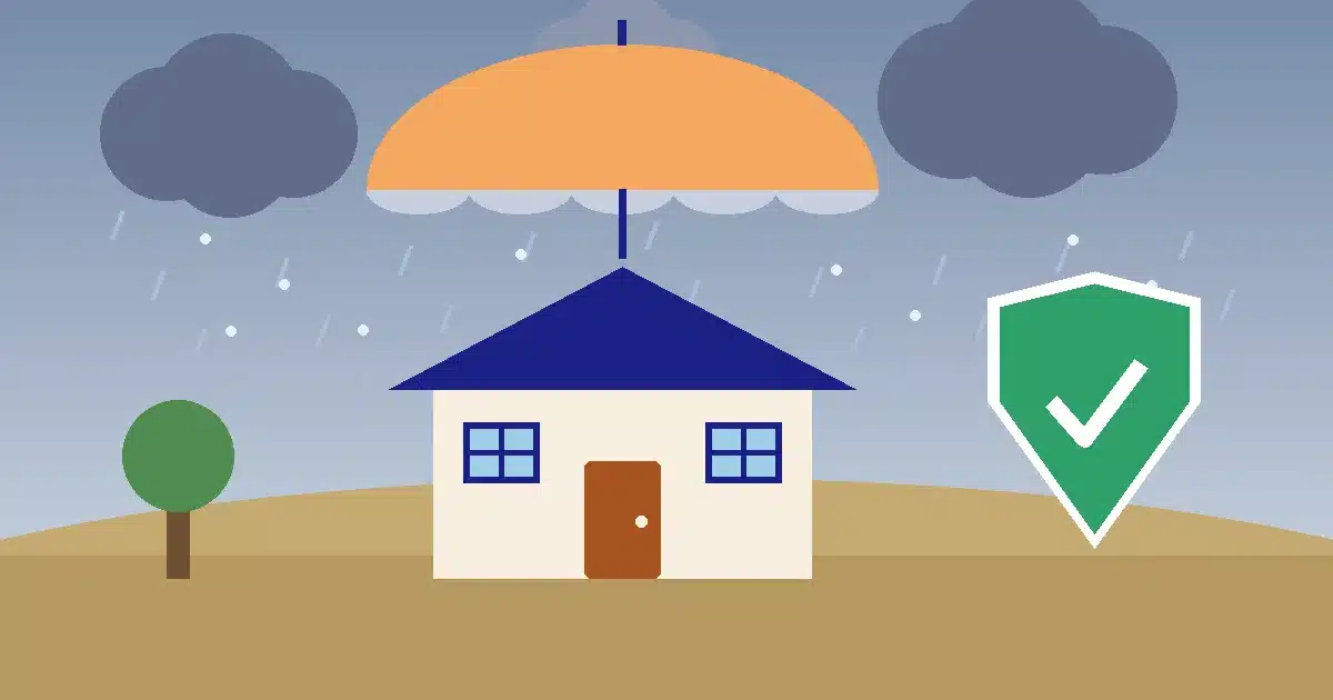 Illustration of a Texas home under an umbrella during a hailstorm next to a green shield with a checkmark, representing homeowners insurance protection
