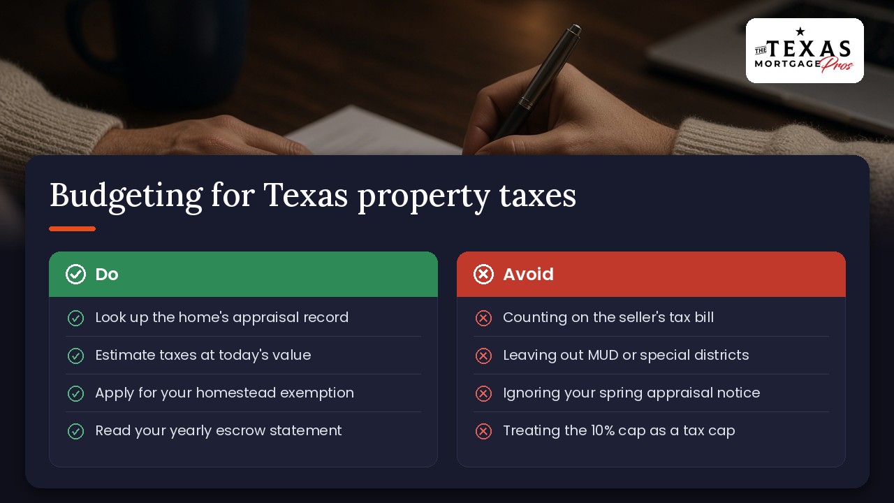 Do and avoid checklist for budgeting for Texas property taxes: look up the home's appraisal record, estimate taxes at today's value, apply for your homestead exemption and read your yearly escrow statement; avoid counting on the seller's tax bill, leaving out MUD or special district taxes, ignoring your spring appraisal notice and treating the 10% cap as a cap on your taxes